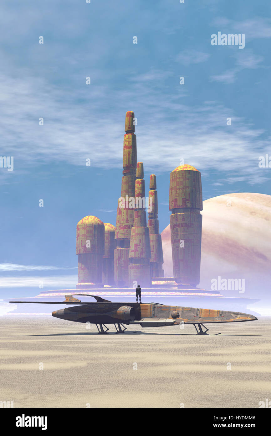 space fighter and city in a desert planet 3D render science fiction illustration Stock Photo
