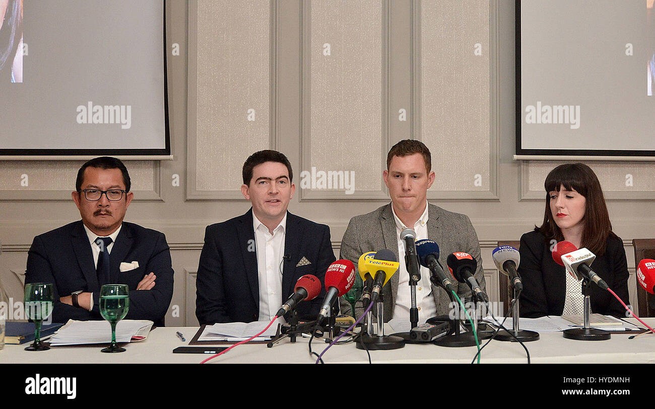 (From the left) Lawyer Ng Sui Wa, Mark Harte, brother of murdered honeymooner Michaela McAreavey, widower John McAreavey and his sister Claire during a press conference at the Labourdonnais Hotel in Port Louis, Mauritius. Stock Photo
