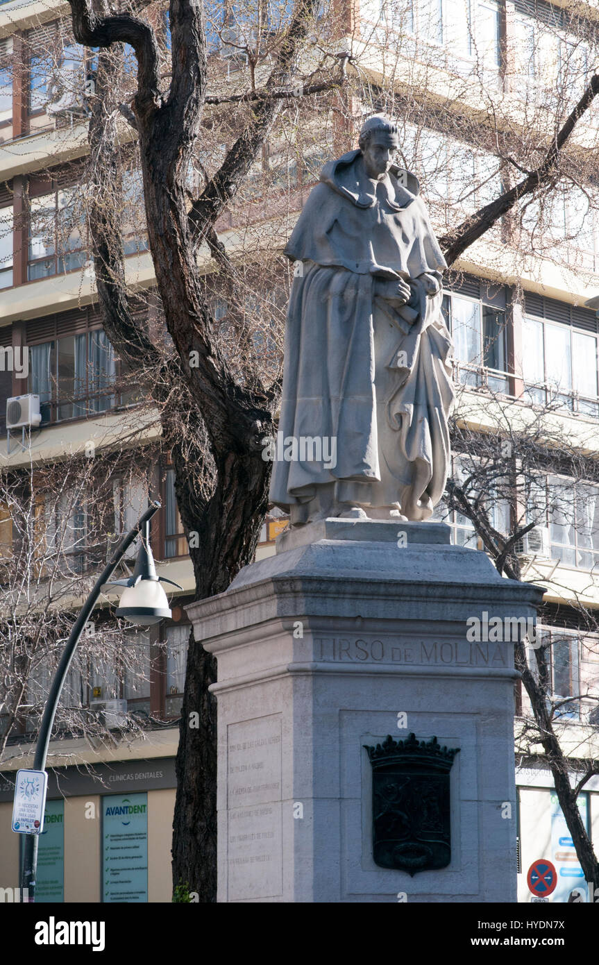Statue of Triso de Molina (a Spanish Baroque dramatist, poet and Roman Catholic monk) at Plaza de Triso de Molina, Madrid, Spain. Stock Photo
