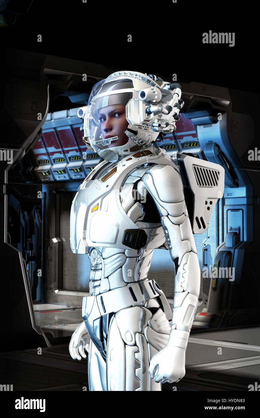 futuristic astronaut girl in space suit 3D render science fiction