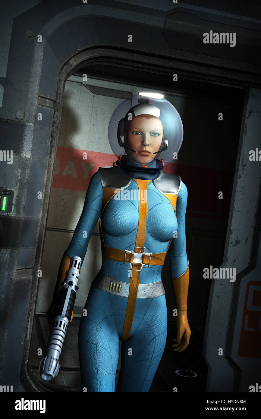 futuristic astronaut girl in space suit 3D render science fiction illustration Stock Photo