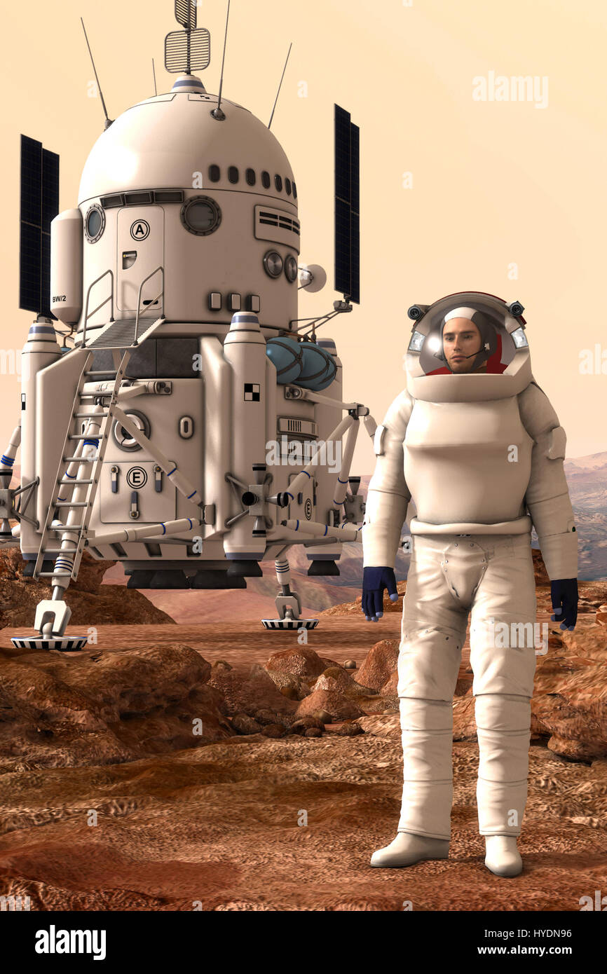 mars lander and astronaut 3D render science fiction illustration Stock