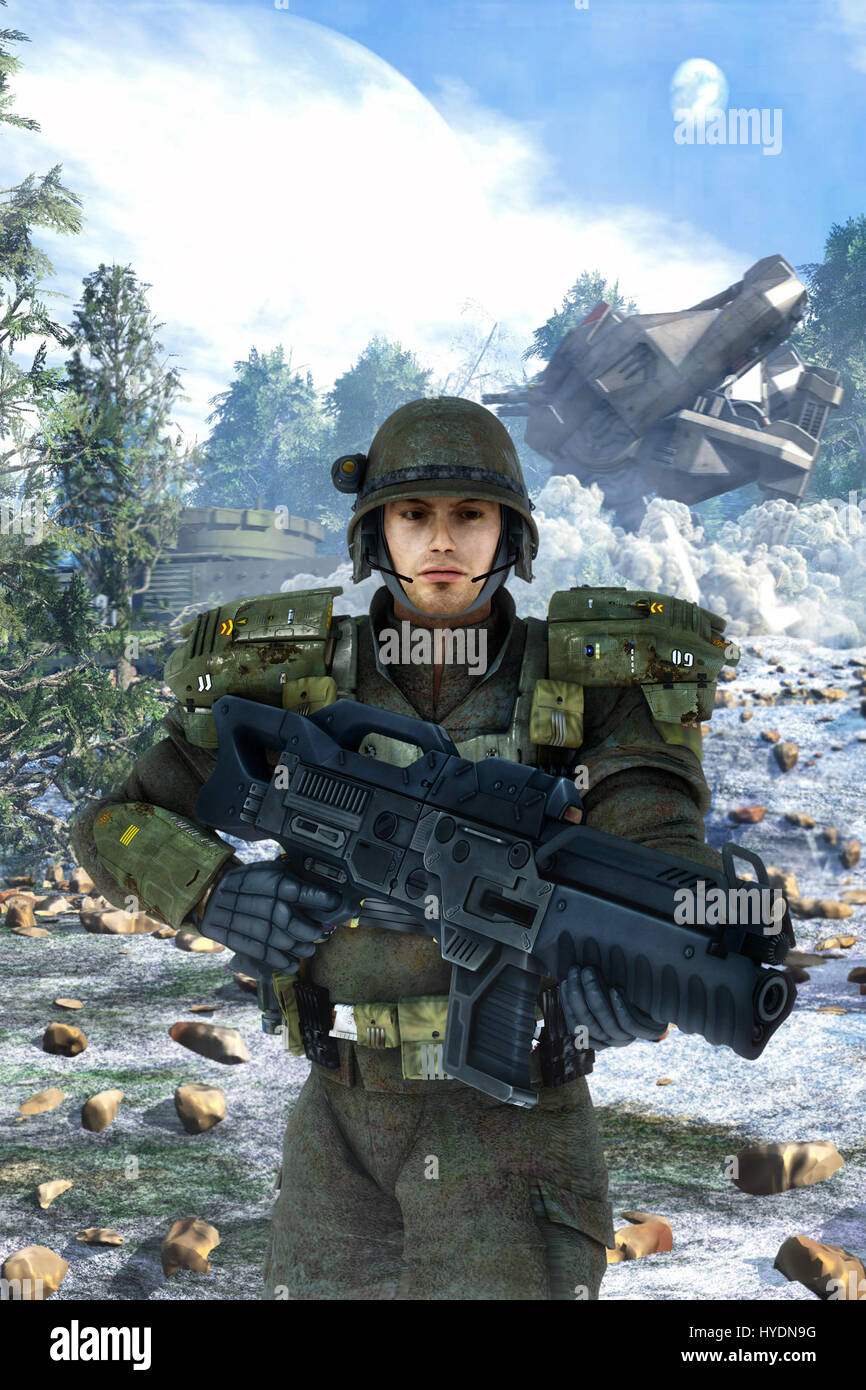 futuristic soldier and battle 3D render science fiction illustration Stock  Photo - Alamy, image size:866x1390
