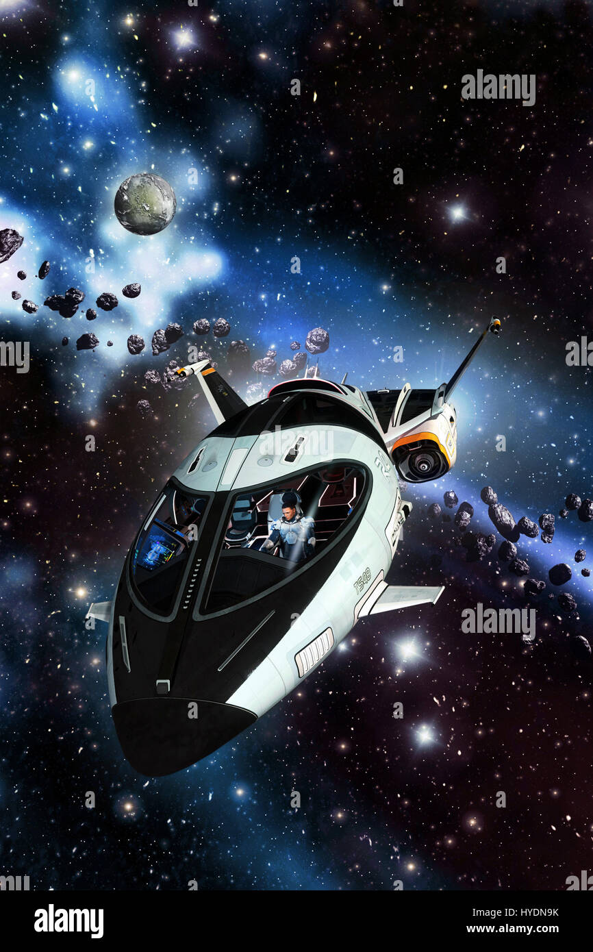 spaceship and asteroid field 3D render science fiction illustration ...