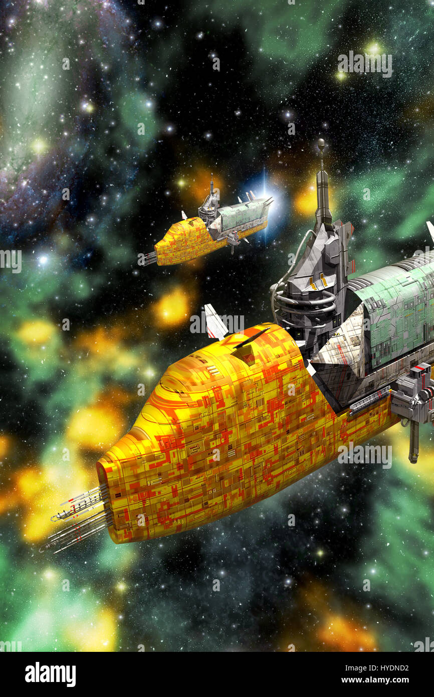 cargo spaceships and nebula 3D render science fiction illustration ...