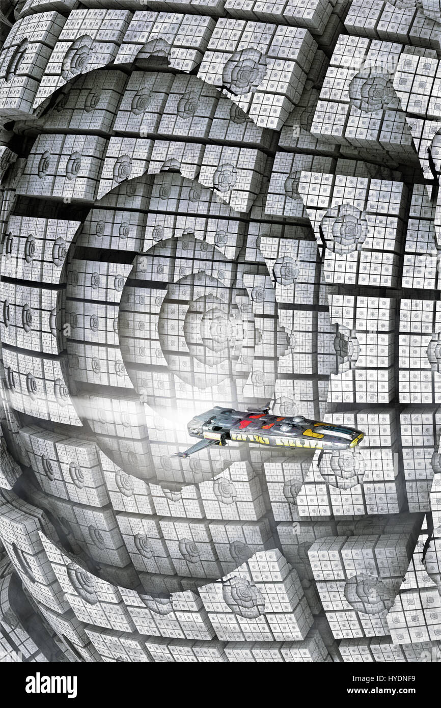 space station and spaceship 3D render science fiction illustration ...
