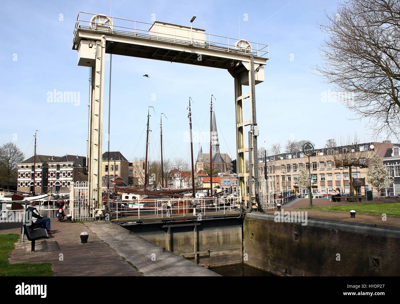 Medieval Mallegatsluis Lock in central Gouda, Netherlands, sluice gate from the late 19th century Stock Photo