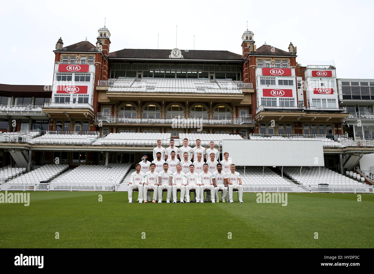 Surrey players pose for the team group photo during the media day at The Oval, London. Stock Photo