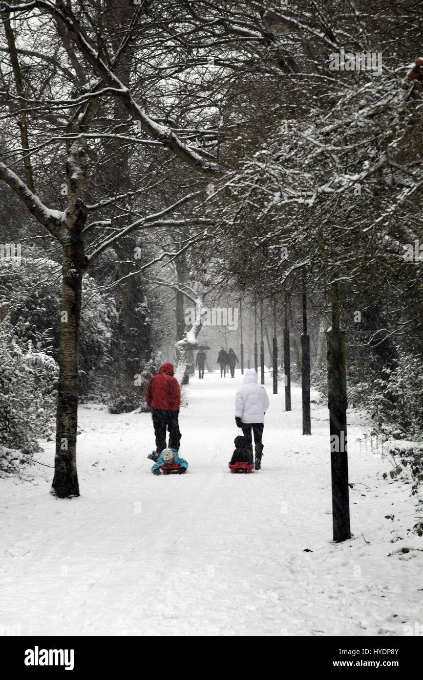 London, UK – Jan 20, 2013 :  People enjoying a winter stroll in a heavy fall of snow on Wandsworth Common Stock Photo