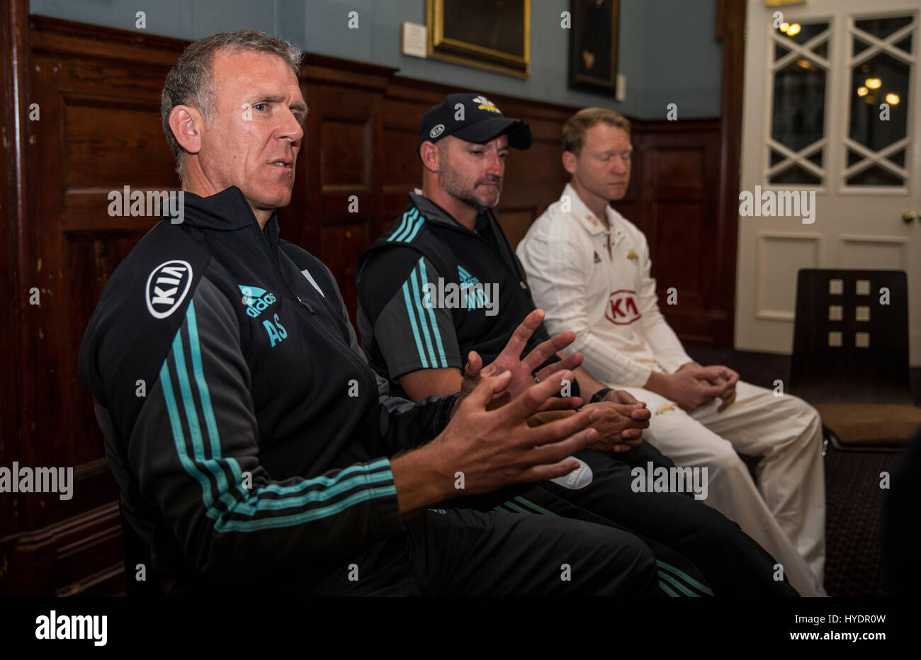 Surrey (from left to right) coach Alec Stewart, Michael Di Venuto and Gareth Batty during the media day at The Oval, London. Stock Photo