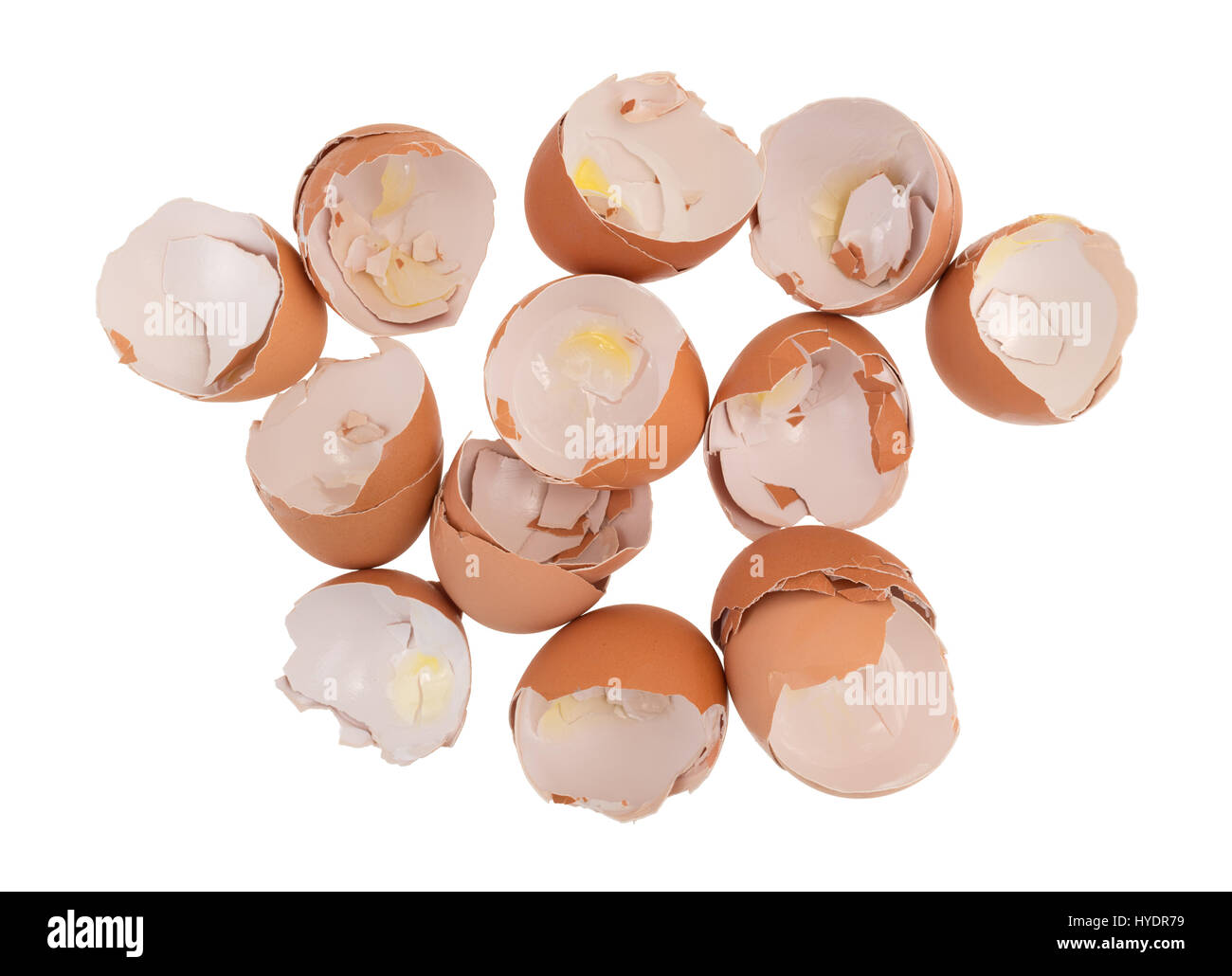 Top view of a dozen cracked open and used egg shells isolated on a white background. Stock Photo