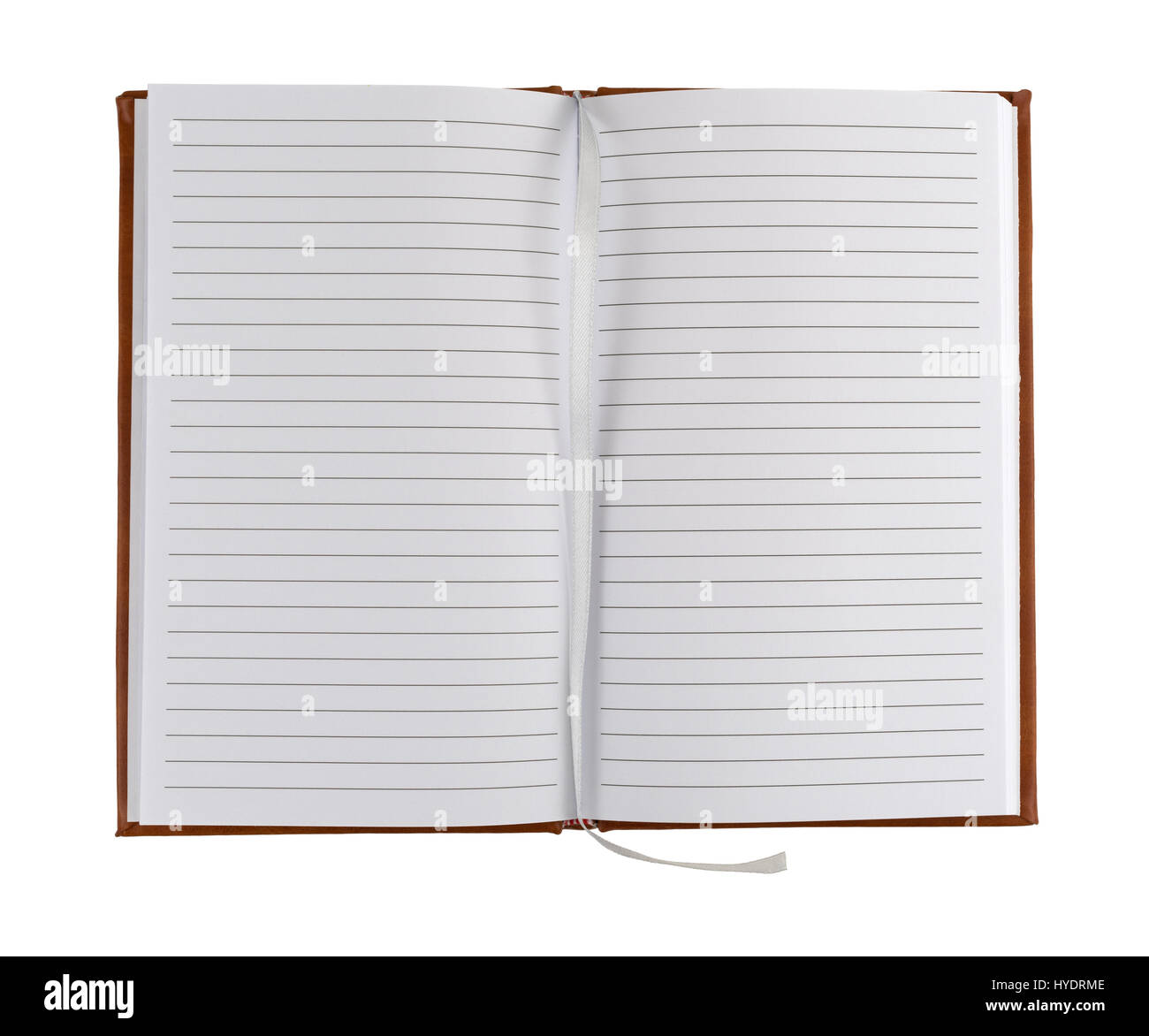 Top view of an opened brown leather journal with blank pages and a cloth bookmark isolated on a white background. Stock Photo