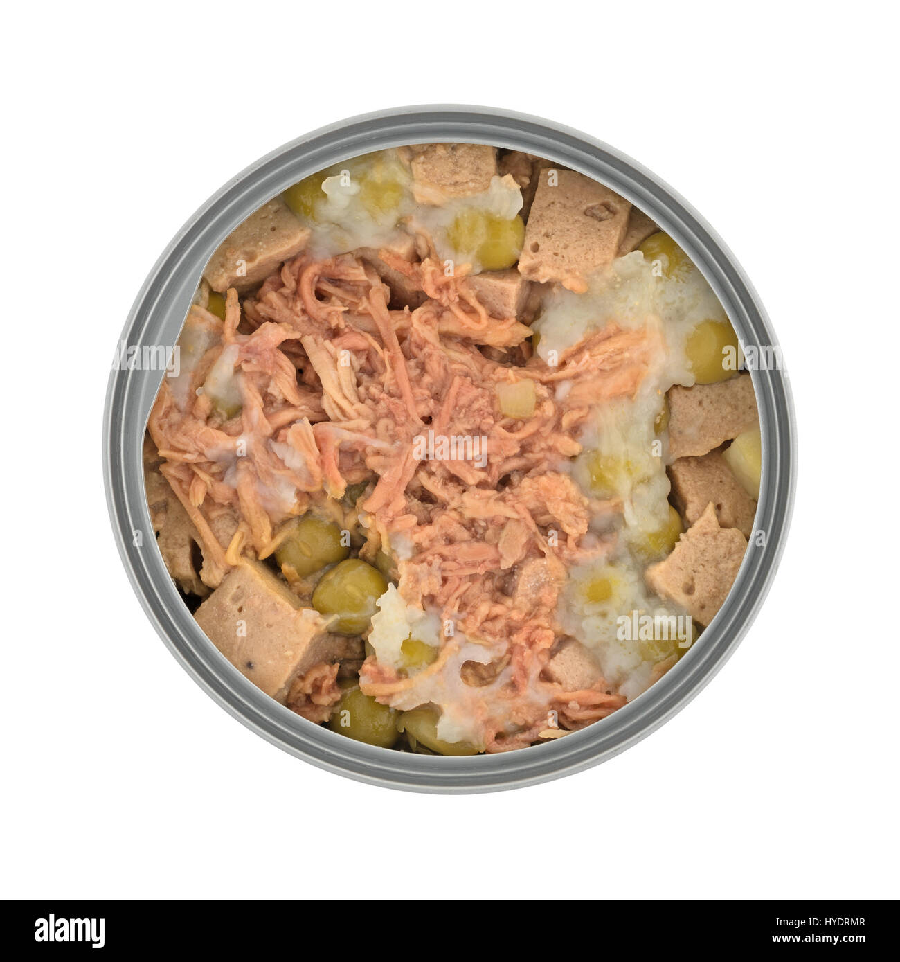 Top view of an opened can of lamb and duck with vegetables gourmet dog food isolated on a white background. Stock Photo