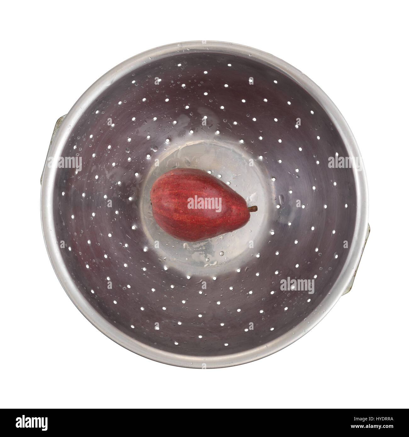 Top view of a single red pear that has been rinsed at the bottom of an ...