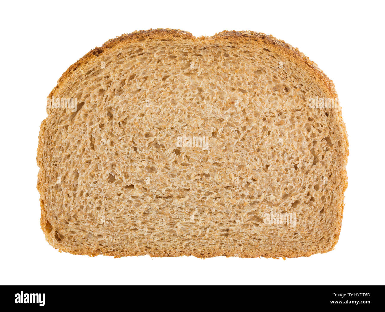 Top view of a slice of all natural stone ground whole wheat bread isolated on a white background