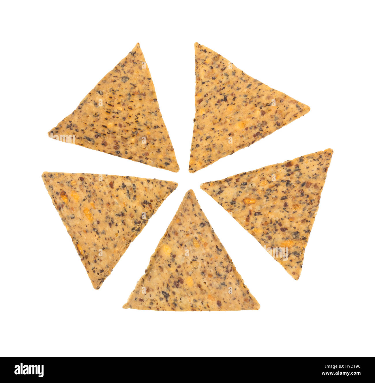 Top view of five beans and rice chips isolated on a white background