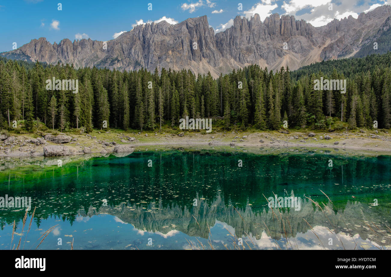 Lago di Carezza and Latemar Group mountains, Bolzano Province, Trentino-Alto Adige/South Tyrol, Italian Dolomites, Italy, Europe Stock Photo