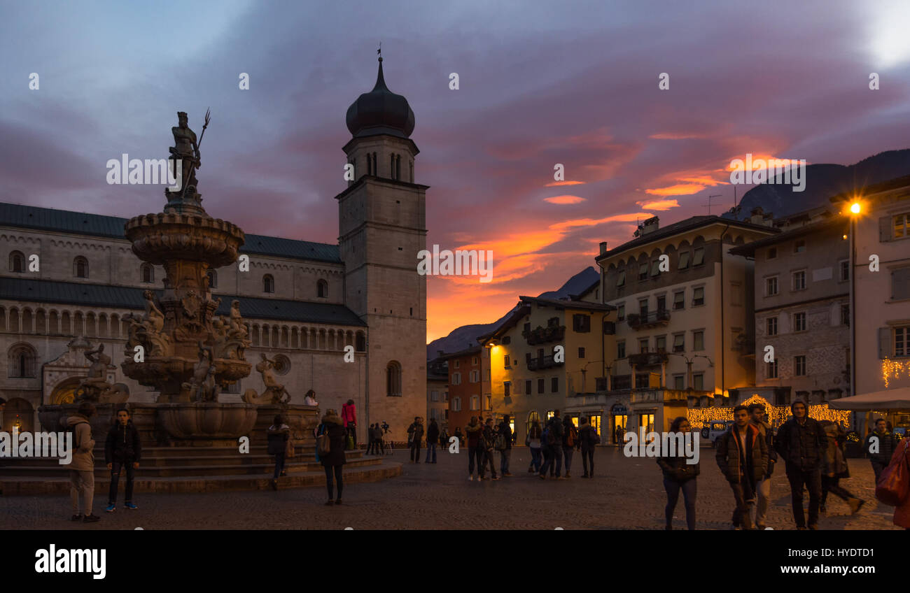 Trento, Italy : famous square Duomo during the holiday season. Trentino Alto Adige. Trento city, Trento town, Trento city night - Italy Stock Photo