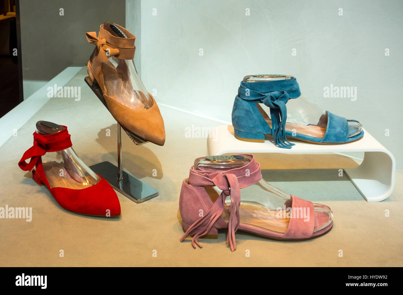 Stuart Weitzman women's shoes on display in a New York boutique window Stock Photo