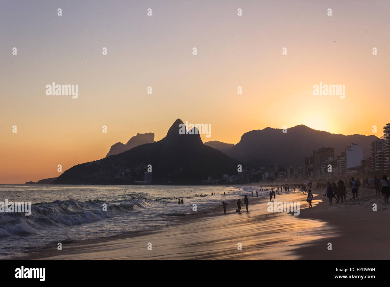 Sunset view of Ipanema beach with Dois Irmaos mountains on the background Stock Photo