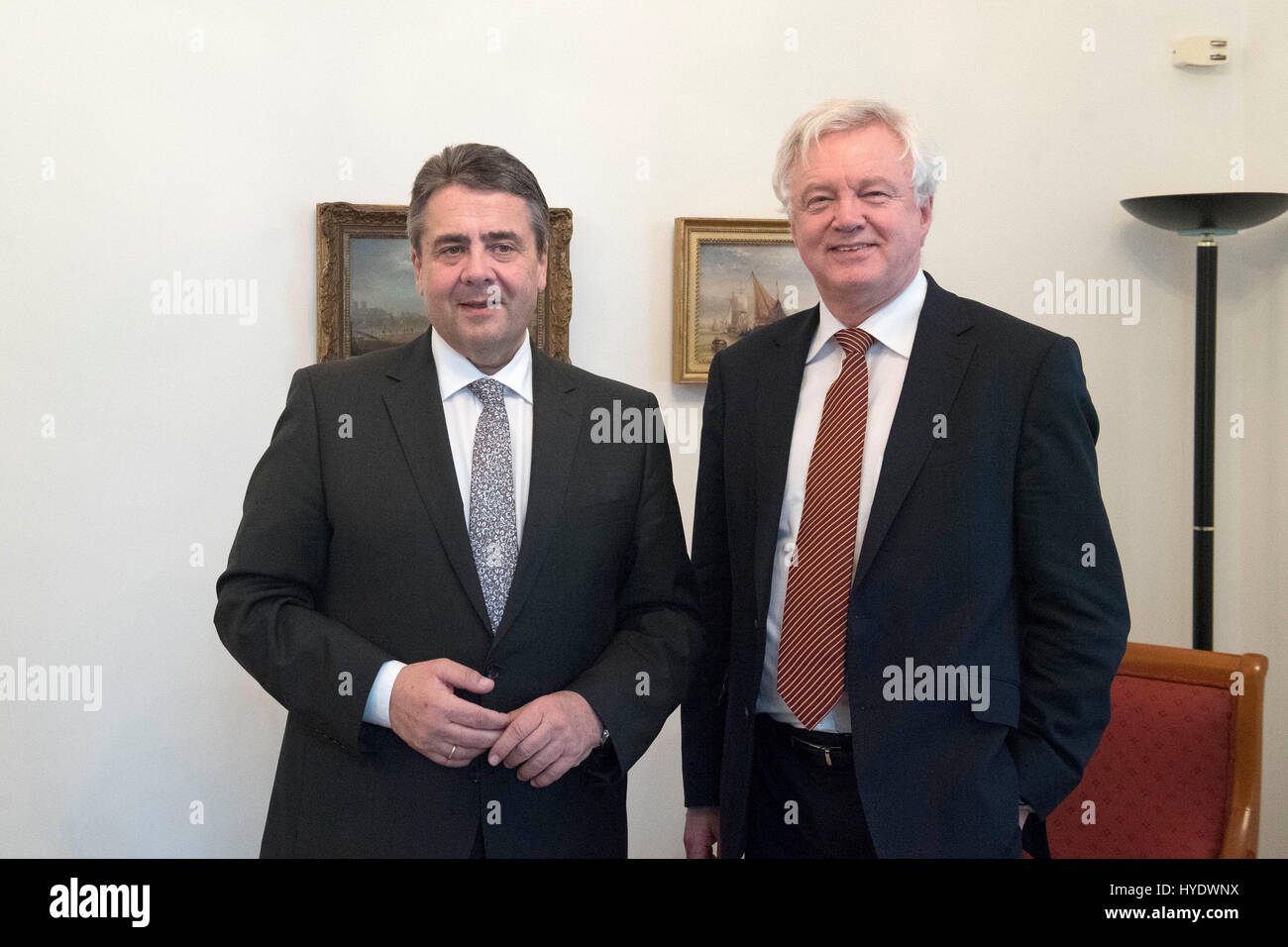 David Davis (right), the Secretary of State for the Department for Exiting the European Union, meets with the German Foreign Minister Sigmar Gabriel at the Cabinet Office, London for talks. Stock Photo