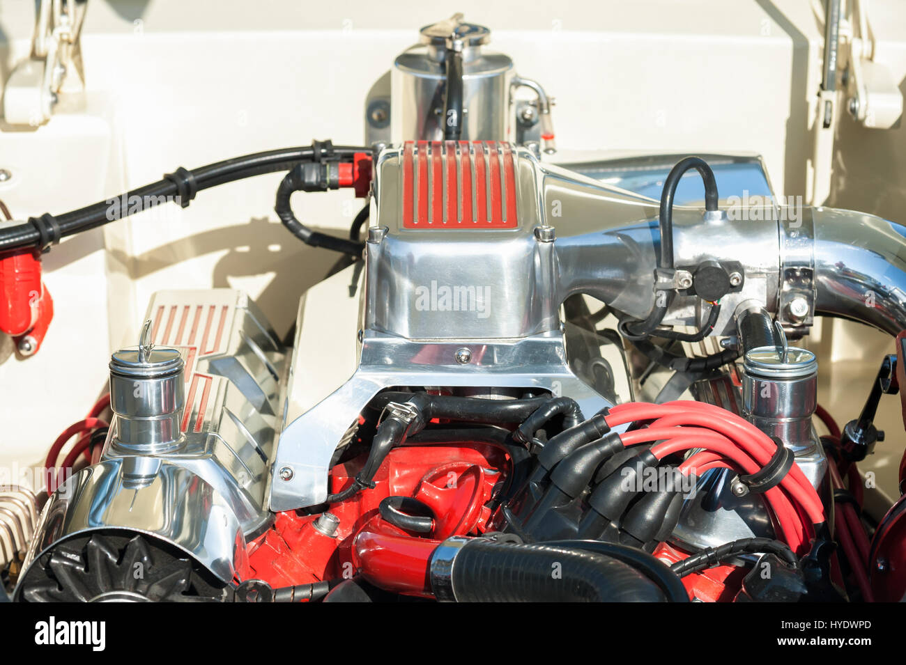 automotive engine bay parts on a high performance vehicle Stock Photo