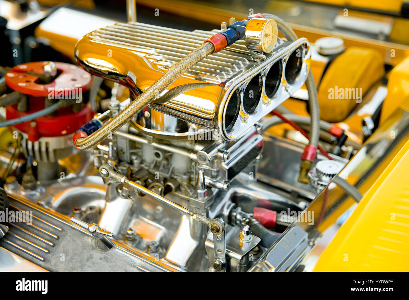 powerful hot-rod engine bay with a large number of chromed parts Stock