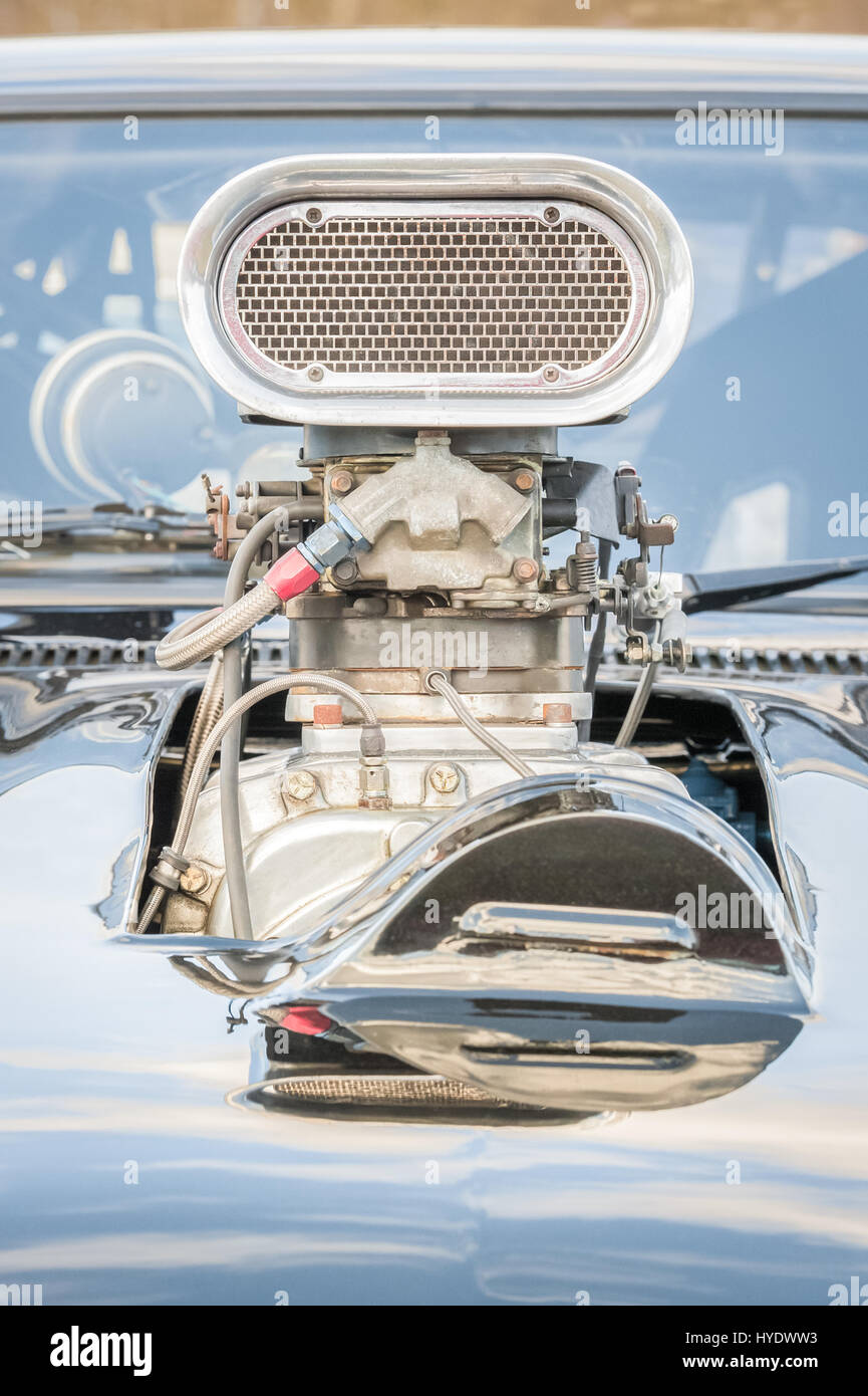 old high-performance  supercharged vehicle engine closeup Stock Photo