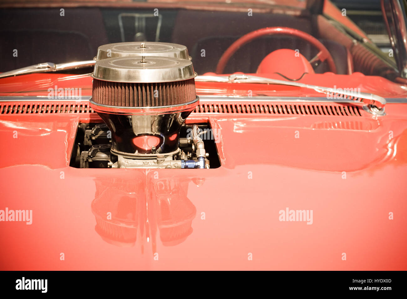 retro styled supercharged classic vehicle hood and windshield Stock