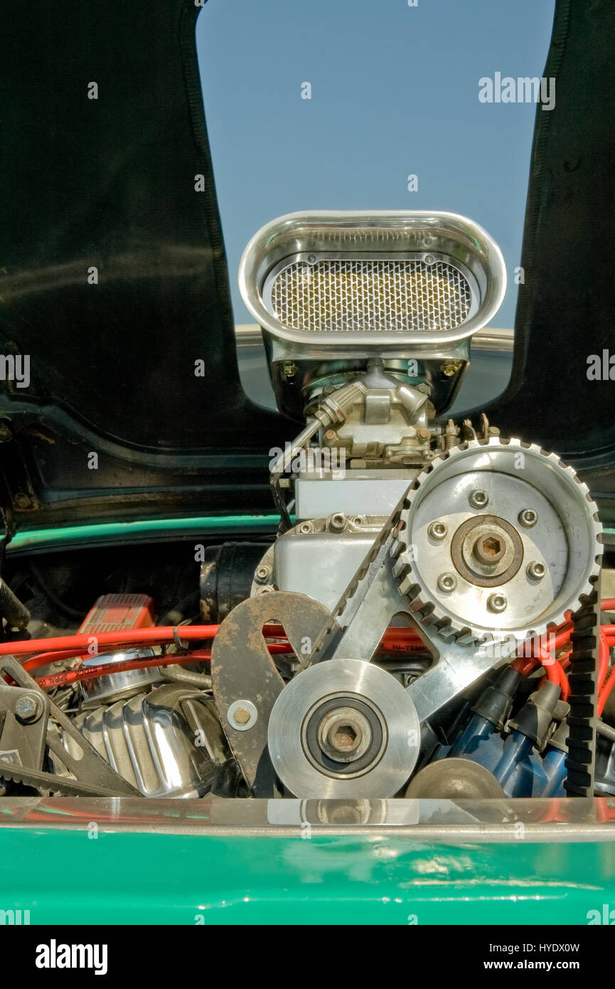 supercharger and engine detail on a custom built hotrod Stock Photo