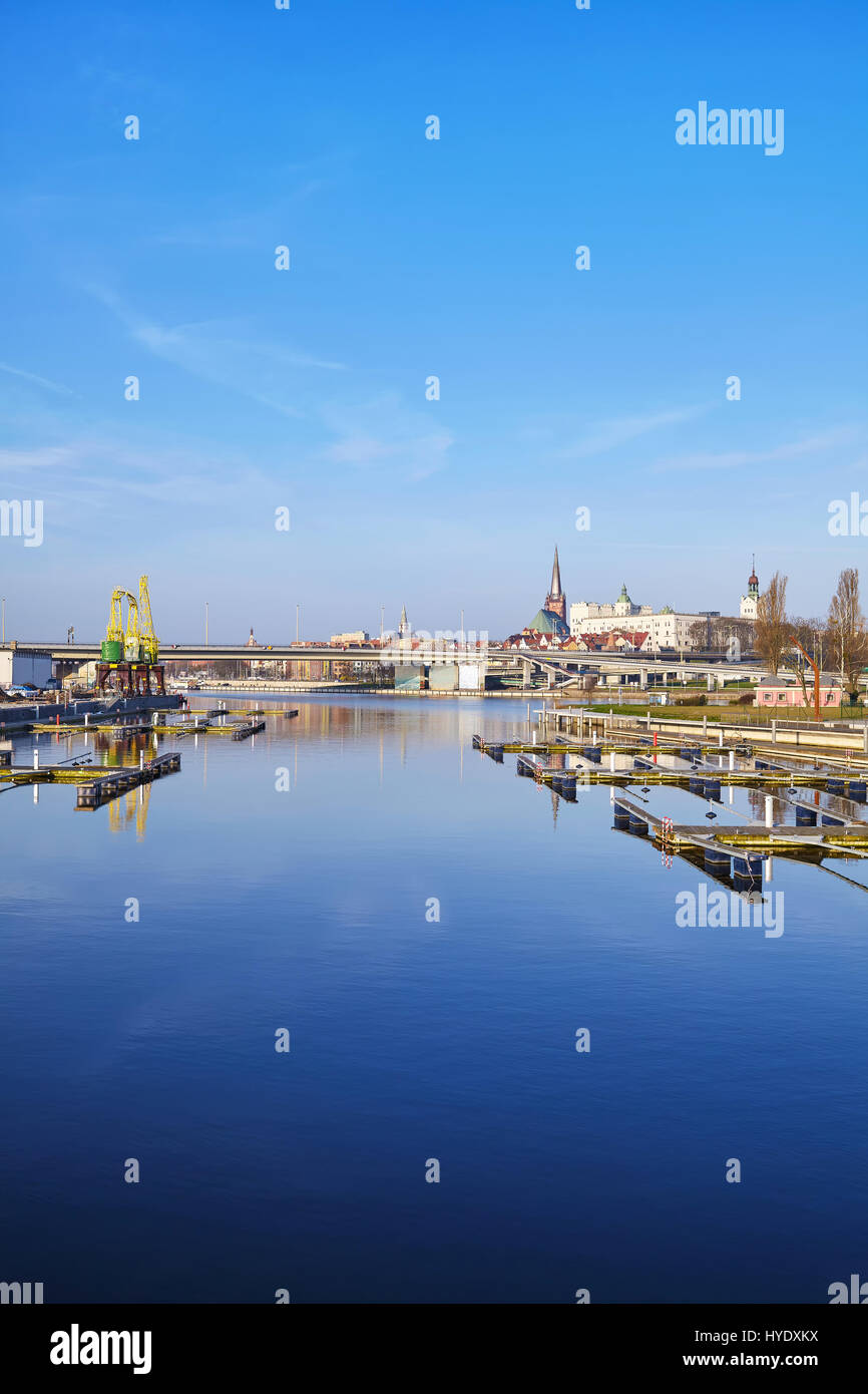 Szczecin city waterfront and marina in the morning, Poland. Stock Photo