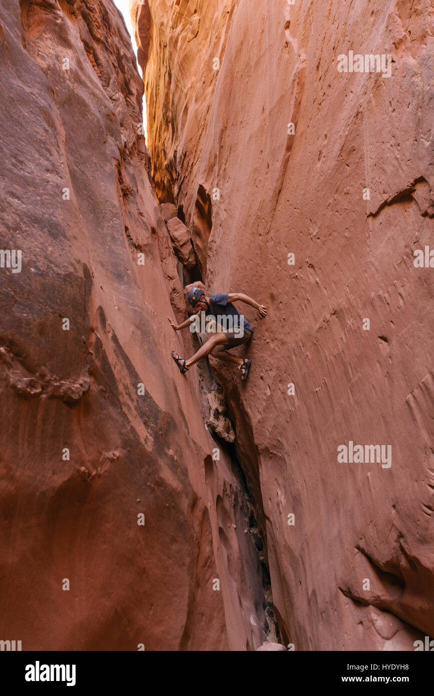 Canyoneering in Blue John Canyon. This is a remote area of Utah called Robbers roost. Stock Photo