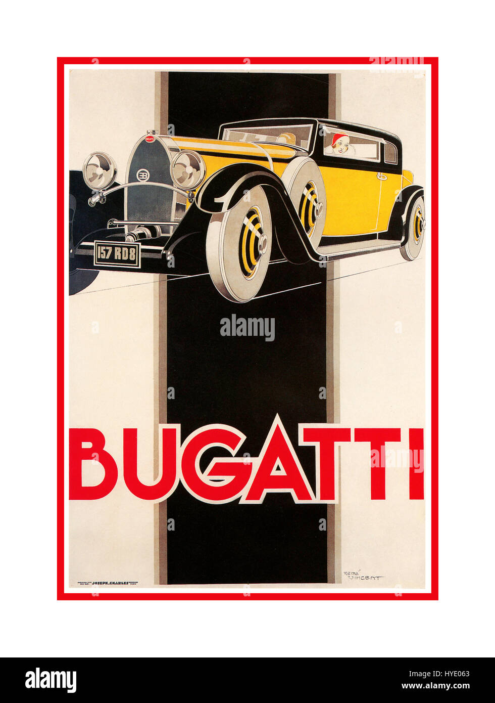 BUGATTI Vintage retro French 1920s Sports Car Bugatti Motor Racing Poster Automobiles Ettore Bugatti was a French car manufacturer of high-performance automobiles, founded in 1909 Stock Photo