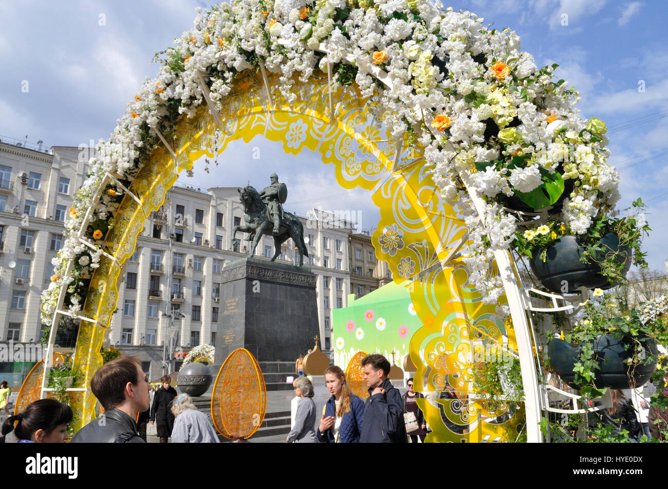 Easter decorations around Yuri Dolgorukiy monument in Moscow. Stock Photo