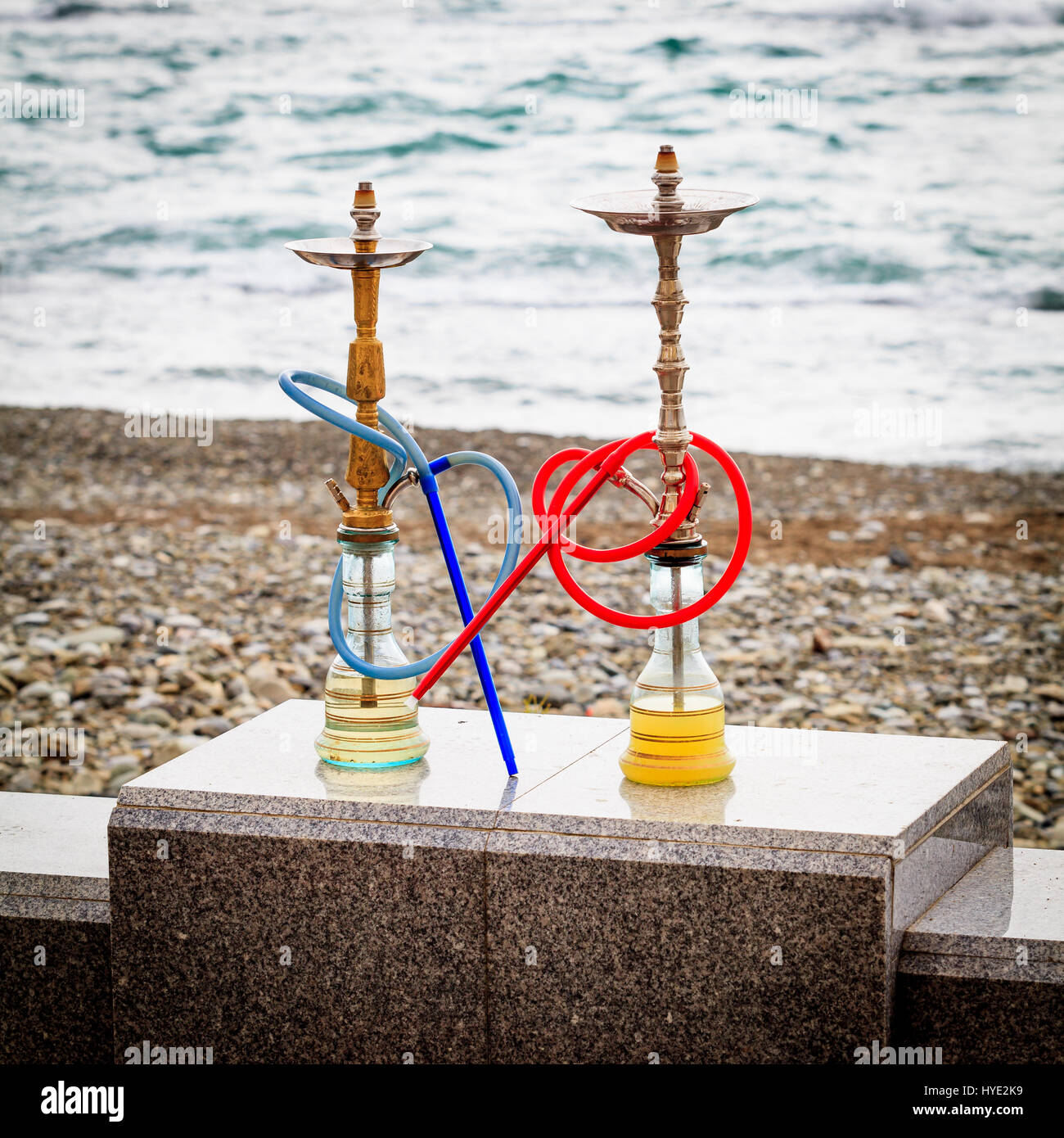 traditional arabic shisha pipes hookah or Water pipe. Sea View