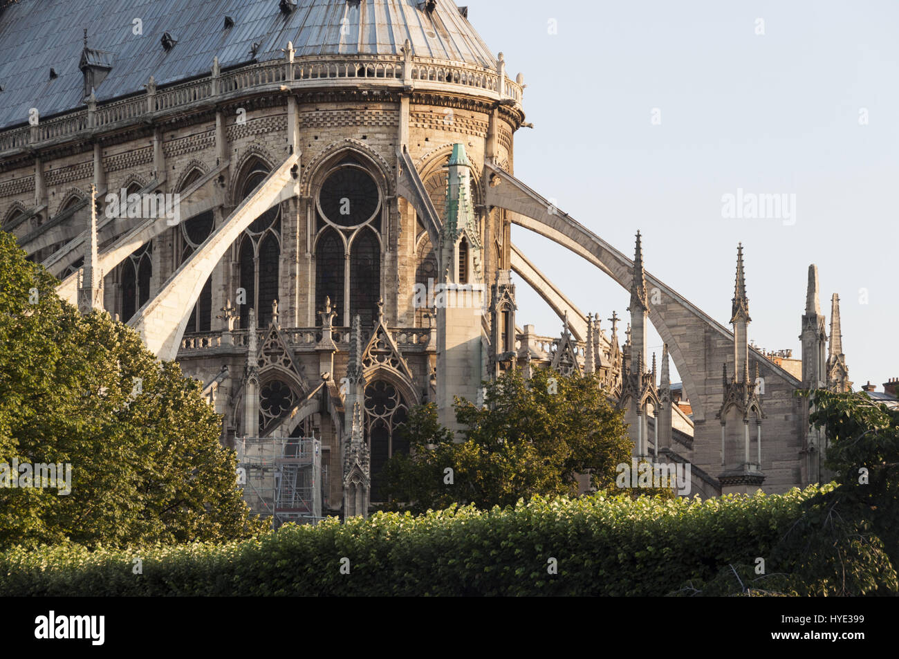France, Paris, Notre Dame Cathedral, apse with flying buttresses Stock