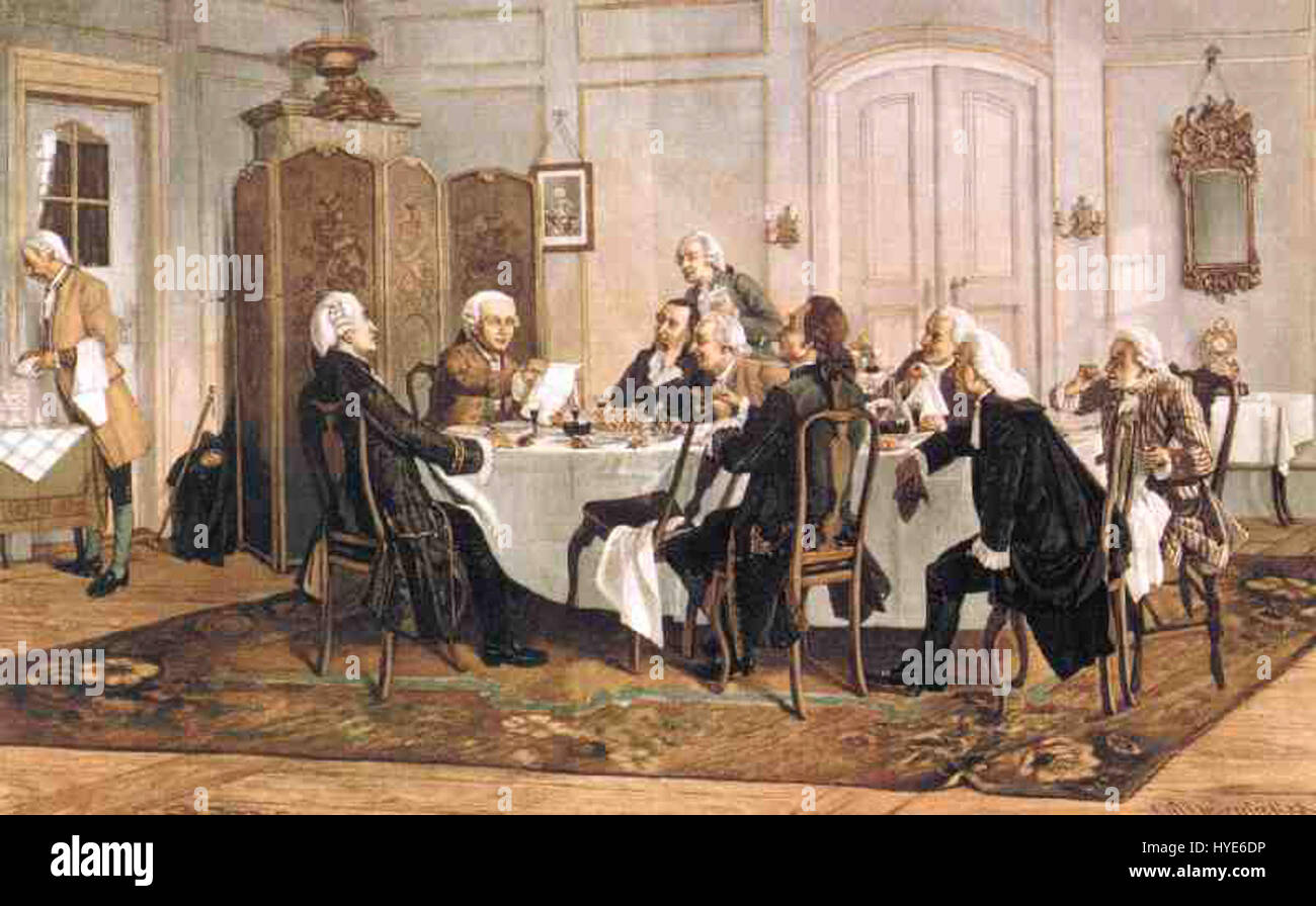 Kant und seine Tischgenossen. Kolorierter Holzstich von Klose & Wollmerstaedt Stock Photo
