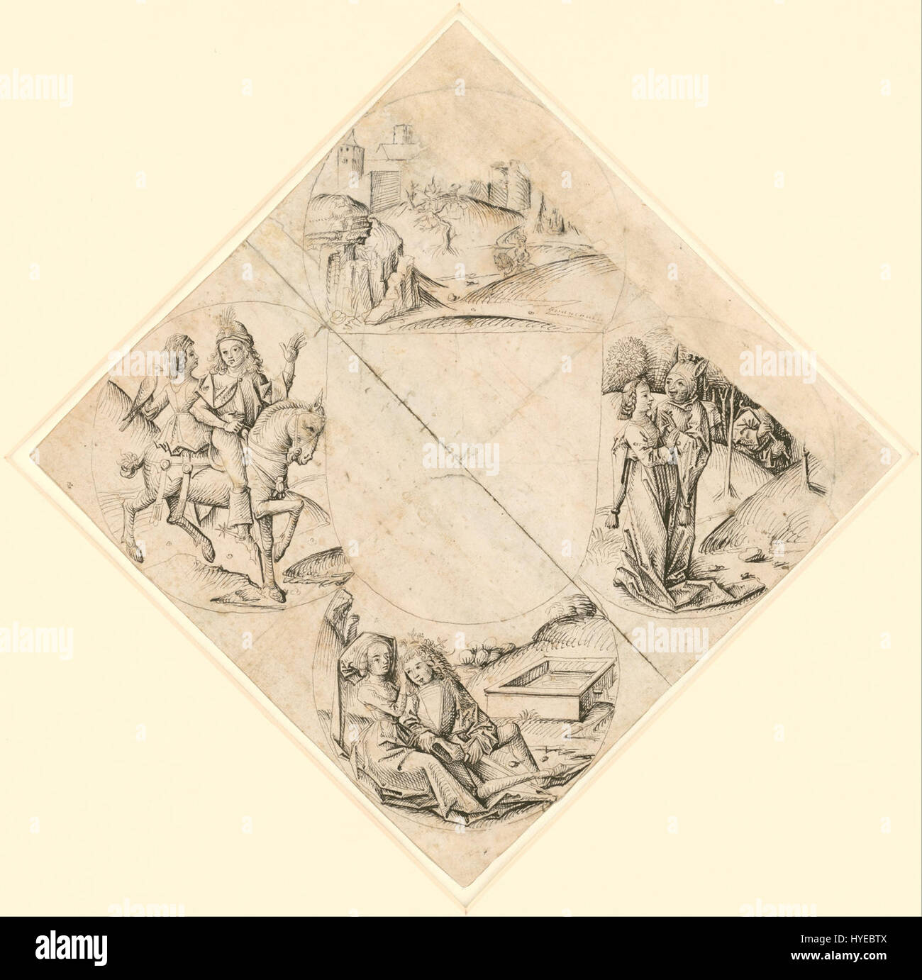 After The Master of the Housebook (German, active about 1470   1500)   Design for a Quatrefoil with a Castle, Two Lovers, a Maiden Tempted by a Fool, a Couple Seated by a ...   Google Art Project Stock Photo