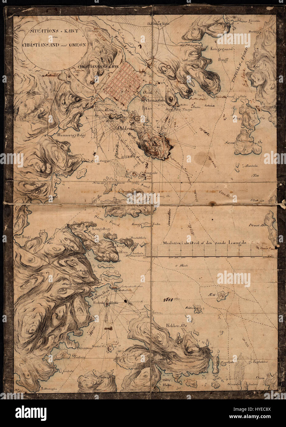 This map, 'Situationskart over Christiansand og Omegn,' offers a detailed layout of the city of Kristiansand and its surroundings in Norway. It showcases key geographical features and landmarks important for navigation and urban planning. Stock Photo