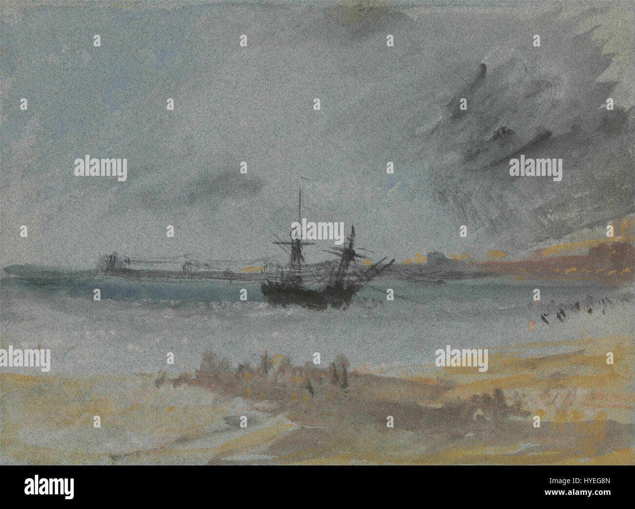 Joseph Mallord William Turner’s painting ‘Ship Aground, Brighton’ depicts a dramatic maritime scene, where a ship is stranded on the coast of Brighton. The piece illustrates Turner's skill in capturing stormy seas and atmospheric effects. Stock Photo