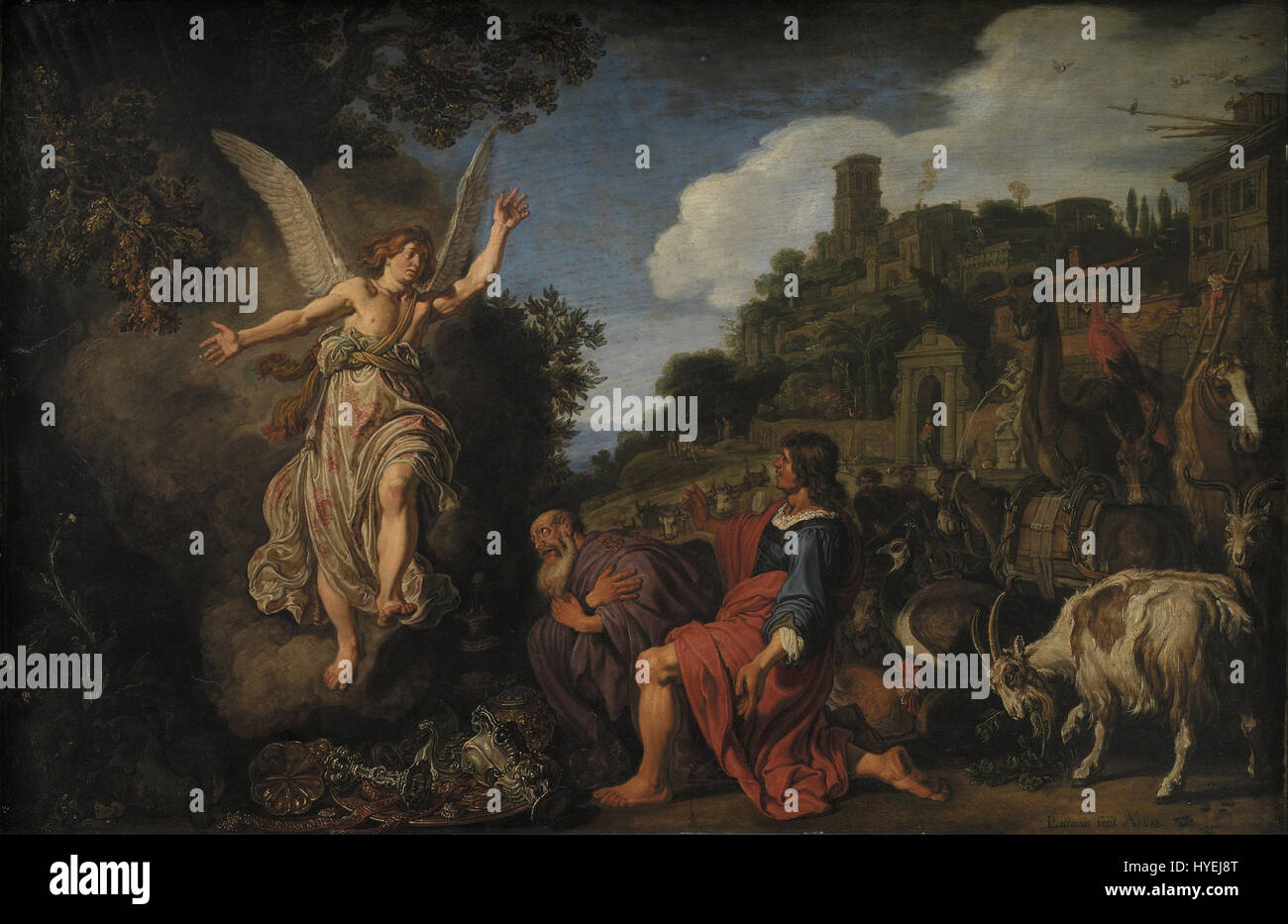 Pieter Lastman’s painting 'The Angel Raphael Takes Leave of Old Tobit and his Son Tobias' depicts a biblical scene from the Book of Tobit. The work captures the moment the angel Raphael bids farewell to Tobit and Tobias, with attention to dramatic light and emotion. Stock Photo