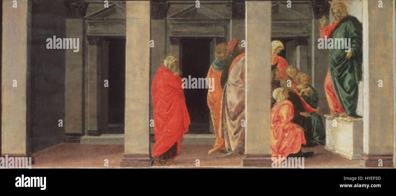 Botticelli, pala delle convertite, predella 02, Maddalena che ascolta la predica di Cristo Stock Photo