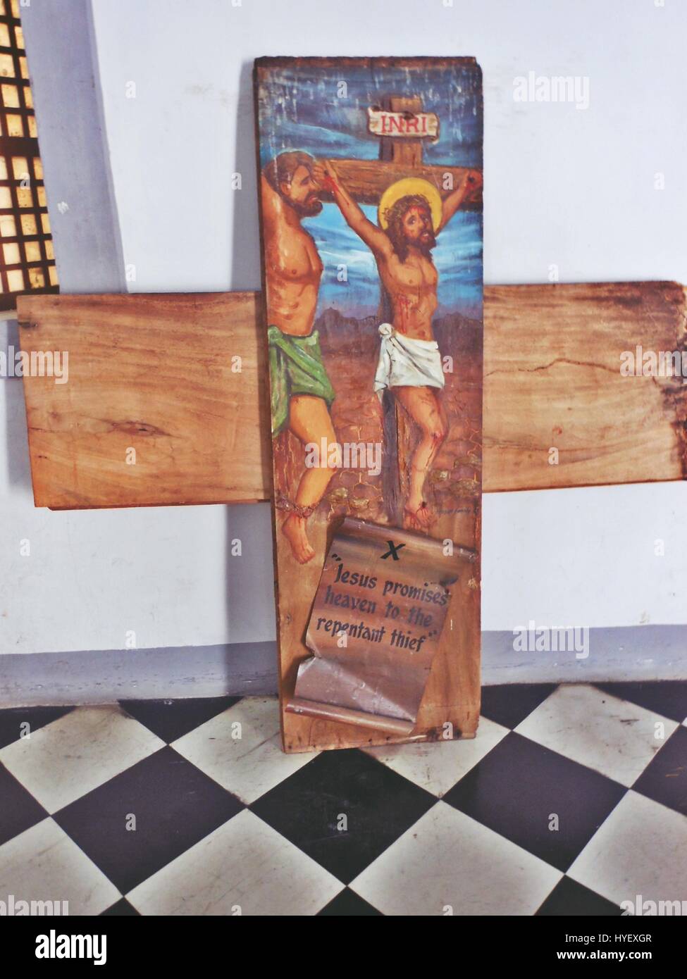 Jesus on the cross painting on wood Stock Photo