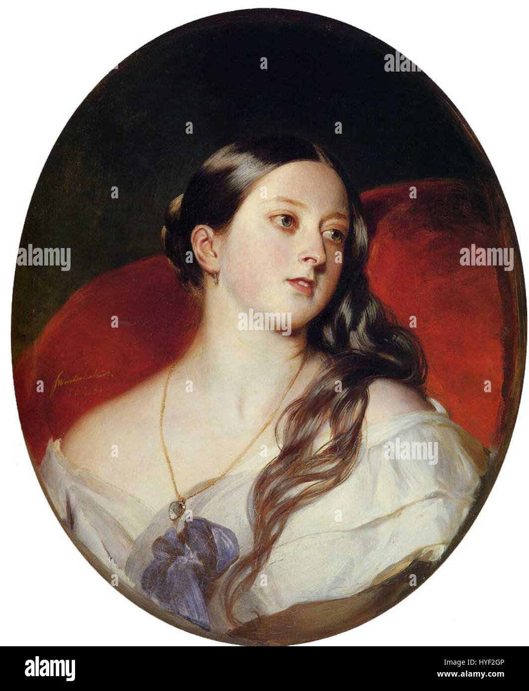 This portrait of Queen Victoria by Franz Xaver Winterhalter, created in 1843, depicts the queen in a regal pose, highlighting her status as monarch. Winterhalter's masterful technique and attention to detail are evident in this historical representation of the British queen. Stock Photo