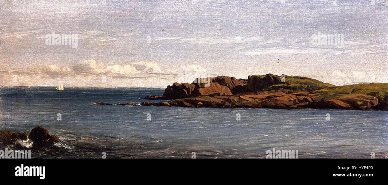 Sanford Robinson Gifford’s 'Study on the Massachusetts Coast' captures the serene beauty of the New England coastline. Gifford, an American landscape painter, is known for his atmospheric rendering of nature. Stock Photo