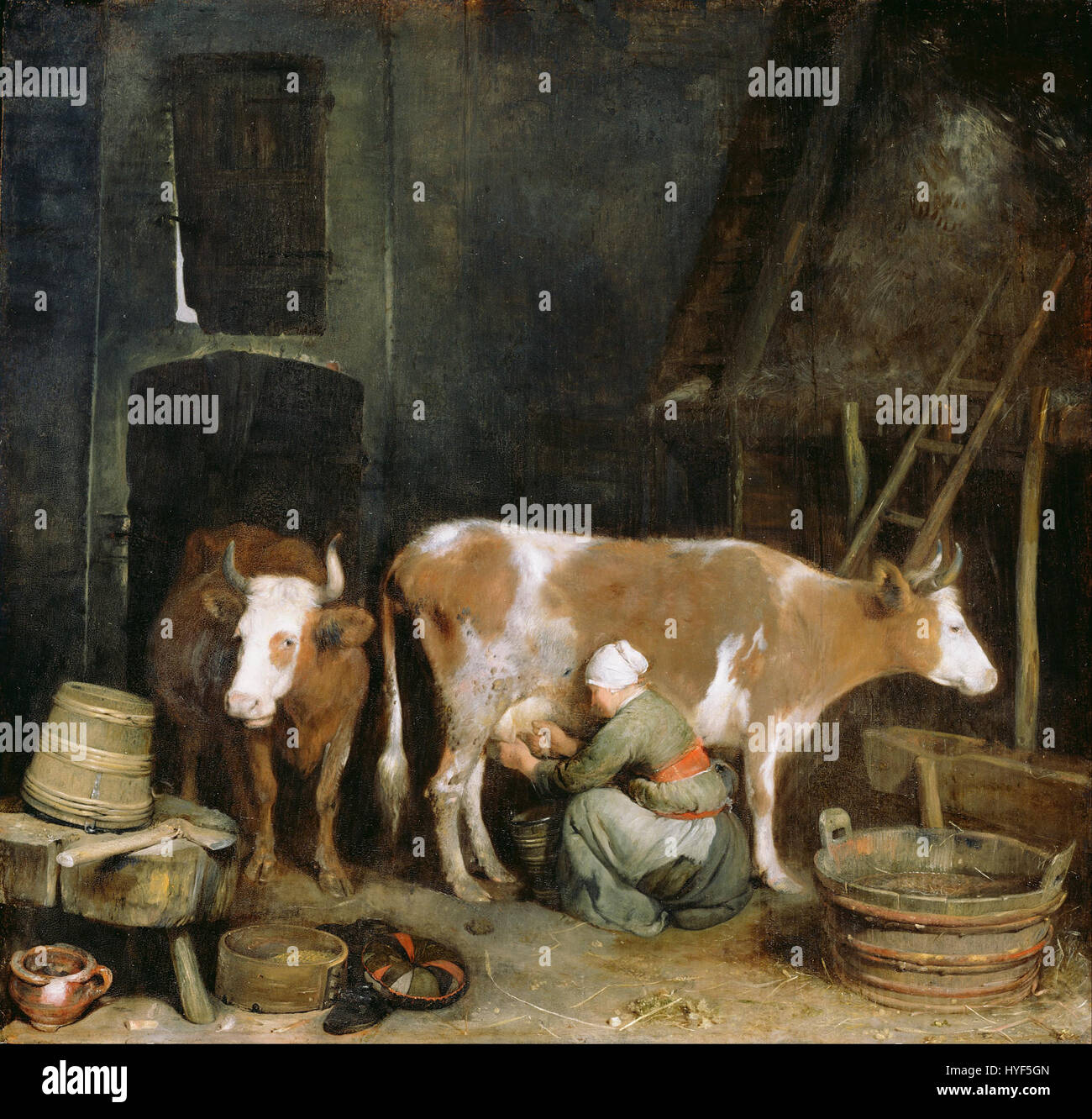 Gerard ter Borch (Dutch   A Maid Milking a Cow in a Barn   Google Art Project Stock Photo