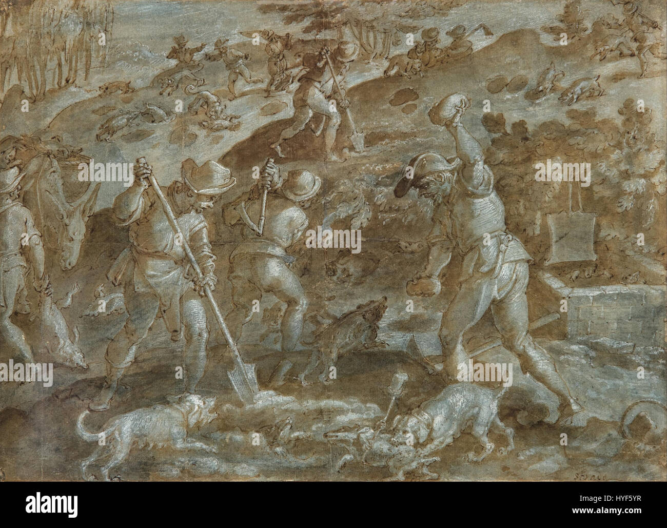 Hunting Renaissance Scene ‘A Badger Hunt’ by Joannes Stradanus depicts a hunting scene, focusing ...