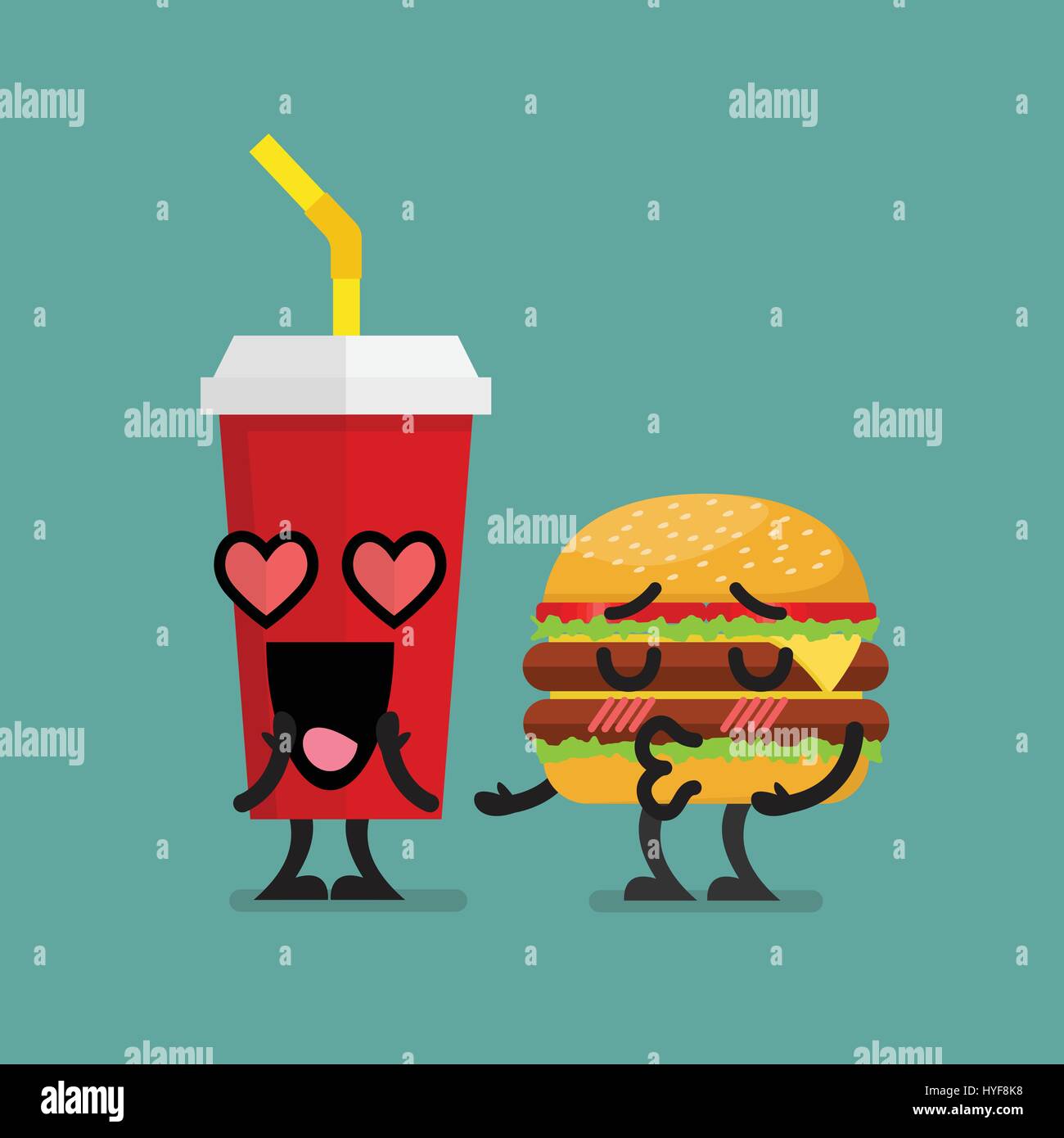 Fast food fall in love. Burger kissing soft dink character Stock Vector