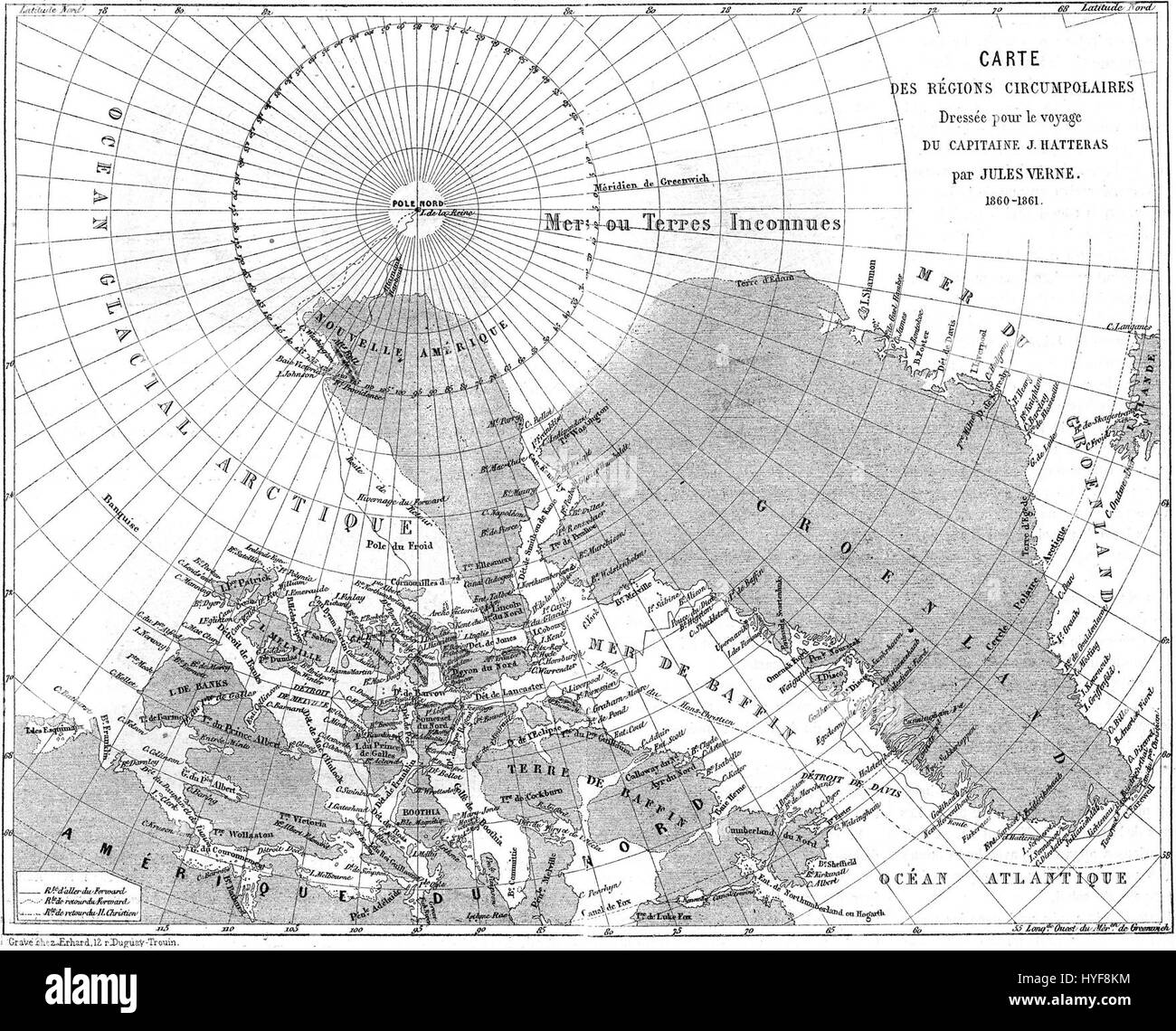 Map from Journeys and Adventures of Captain Hatteras by Jules Verne Stock Photo