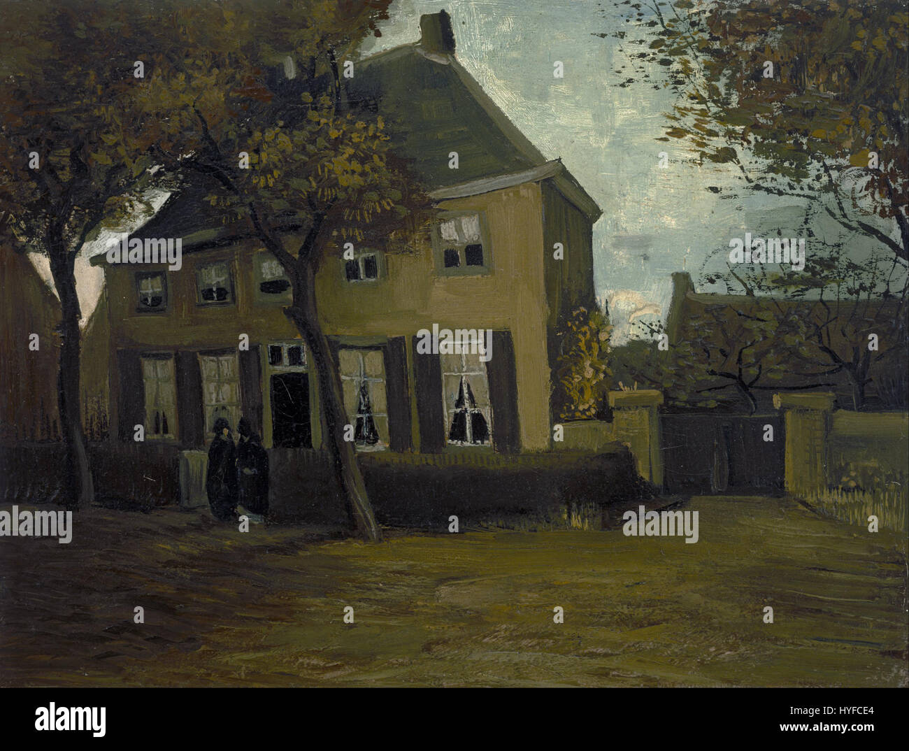 'The Vicarage at Nuenen' by Vincent van Gogh, painted in 1885, depicts the home of the local vicar in the village of Nuenen. Van Gogh captures the rural setting with a focus on light and color, emblematic of his early style. Stock Photo